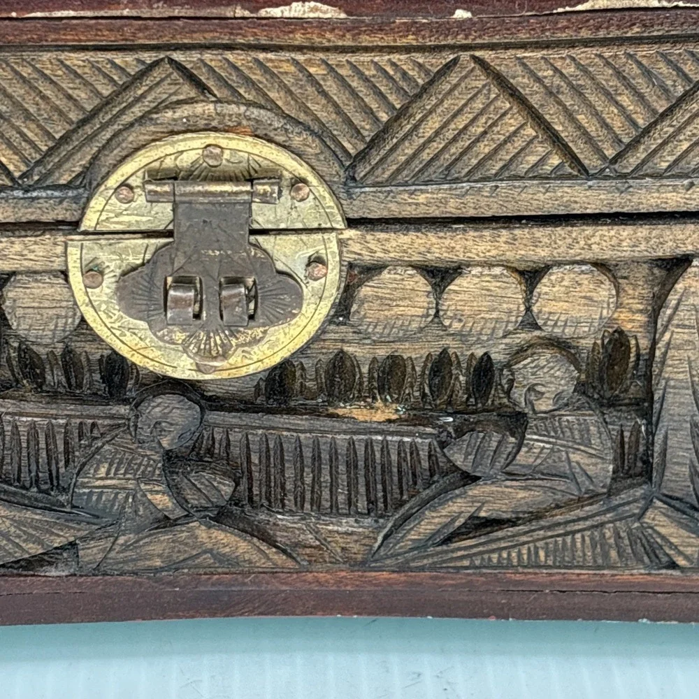 Vintage Carved Wood Jewelry Box Scene On Lid